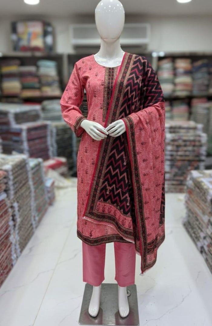Three-piece Embroidered Floral Suit with Trousers and Dupatta