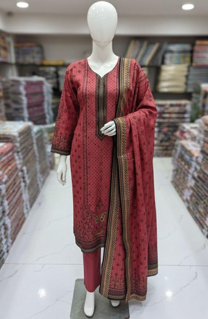 Three-piece Embroidered Floral Suit with Trousers and Dupatta