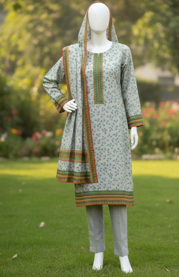 Three-piece Embroidered Floral Suit with Trousers and Dupatta