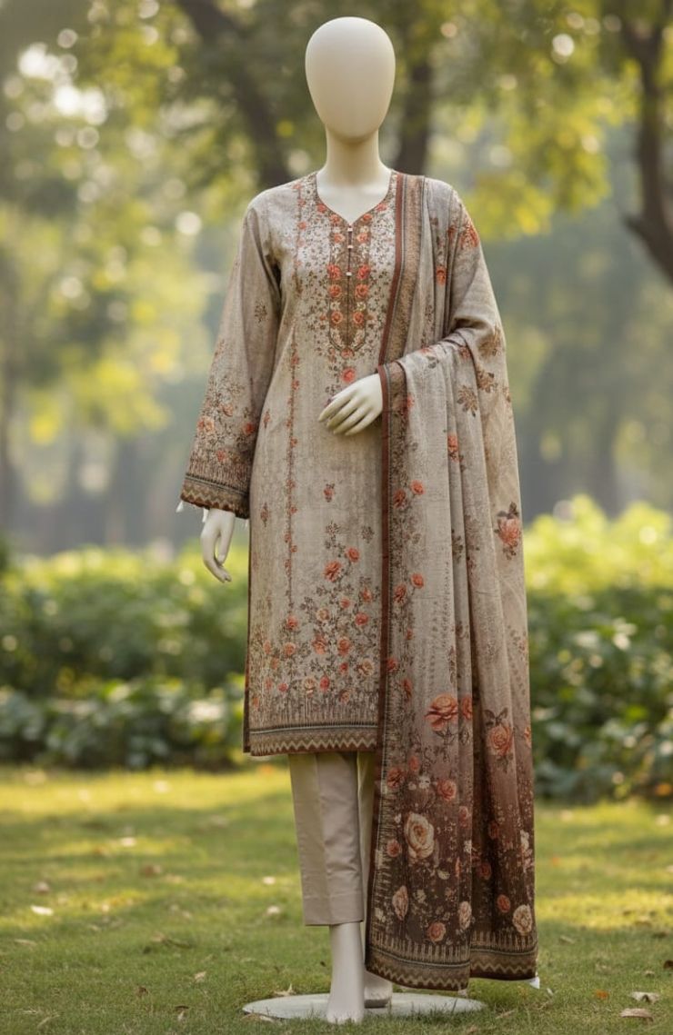 Three-piece Embroidered Floral Suit with Trousers and Dupatta