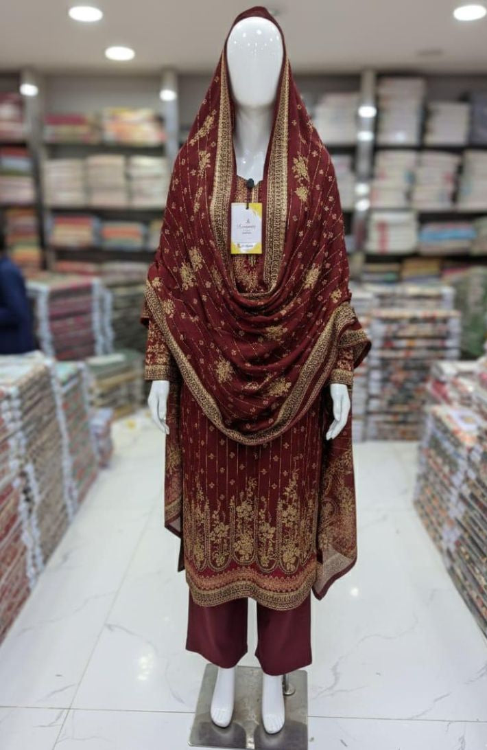 Three-piece Embroidered Floral Suit with Trousers and Dupatta