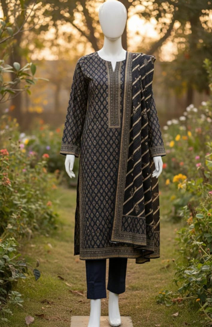 Three-piece Embroidered Floral Suit with Trousers and Dupatta