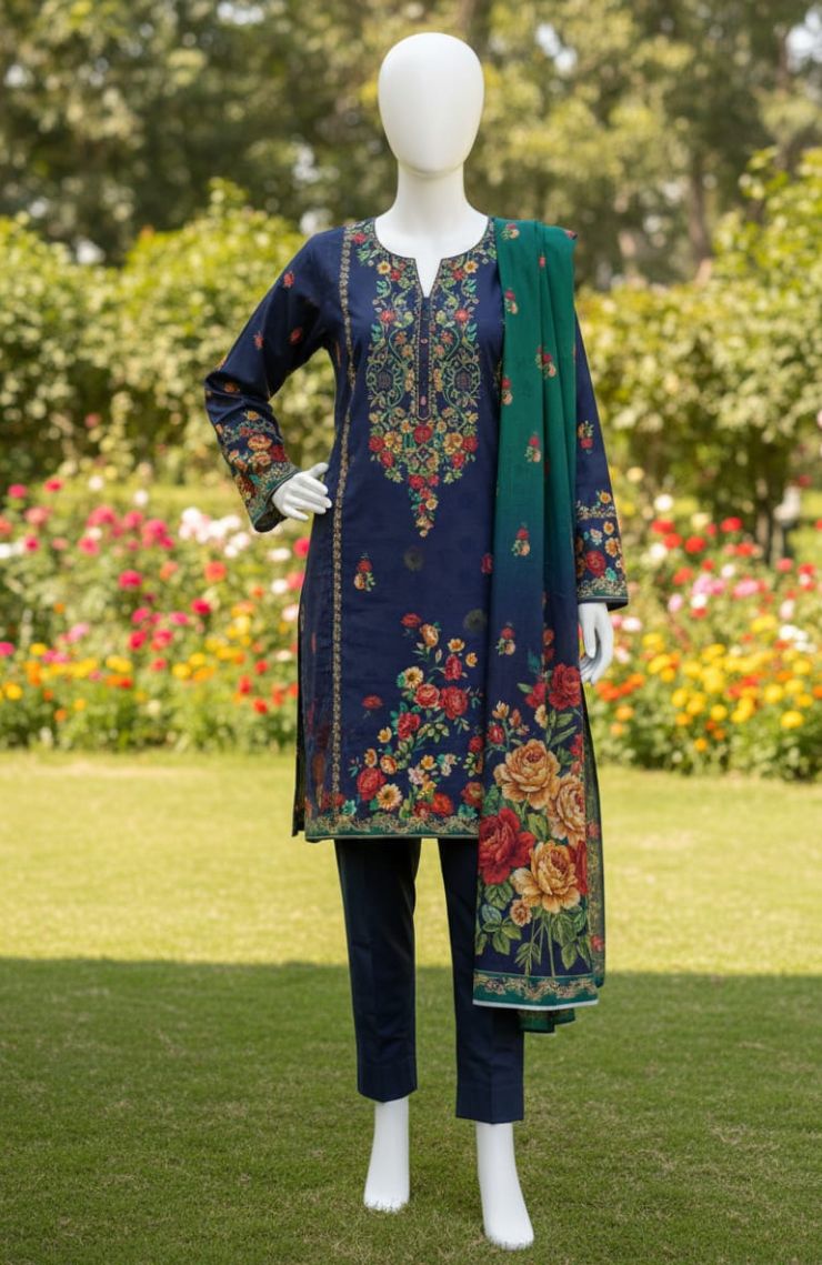 Three-piece Embroidered Floral Suit with Trousers and Dupatta