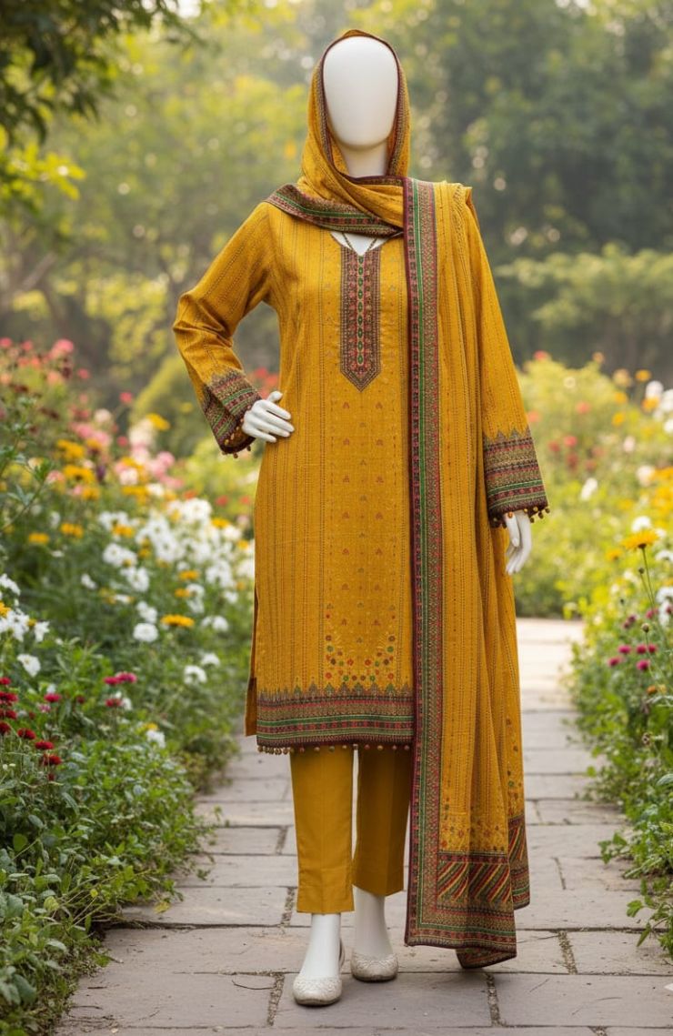 Three-piece Embroidered Floral Suit with Trousers and Dupatta