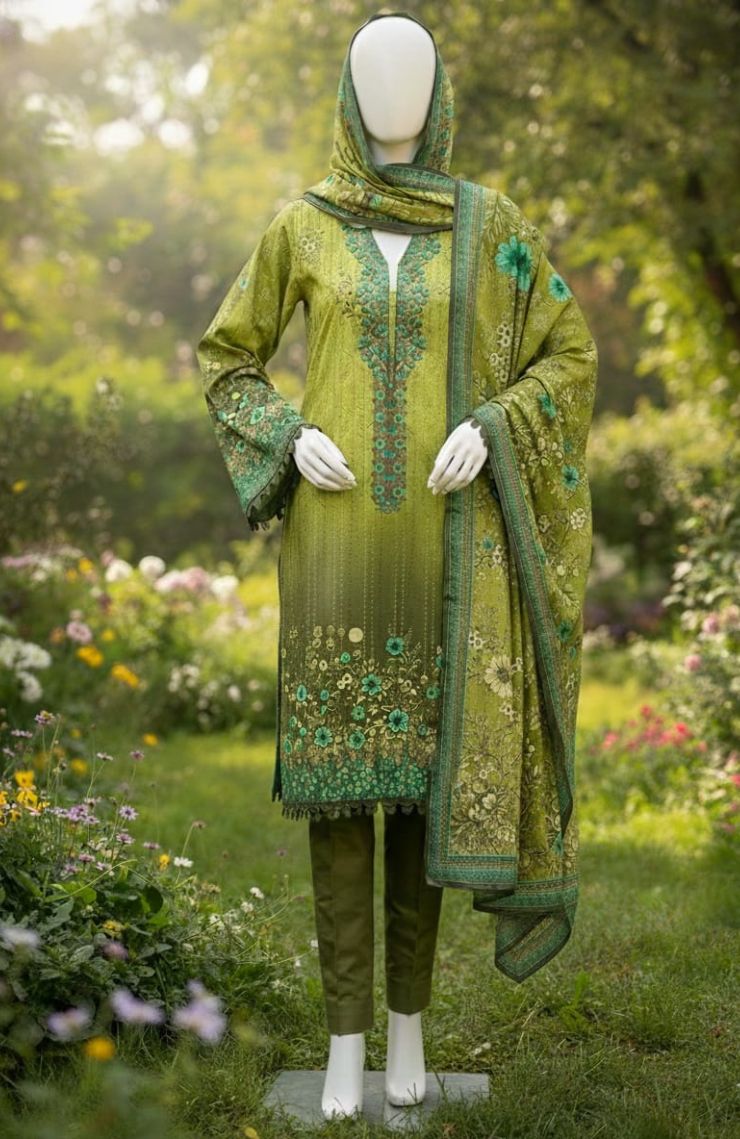 Three-piece Embroidered Floral Suit with Trousers and Dupatta